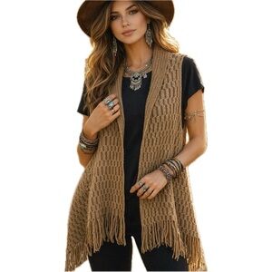 Knit Fringe Vest Boho Shawl One Size Open Weave Camel Brown Kimberly C